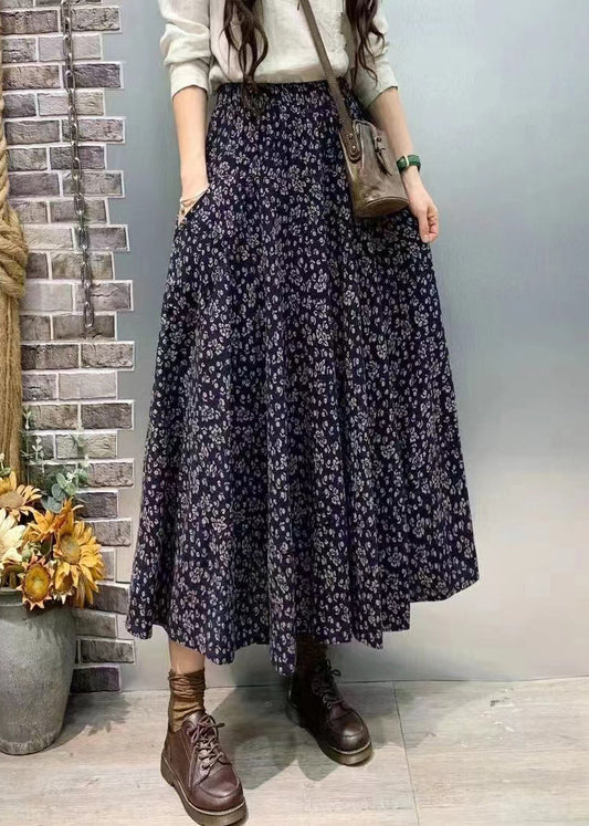 Navy Pockets Elastic Waist Cotton Skirt Fall