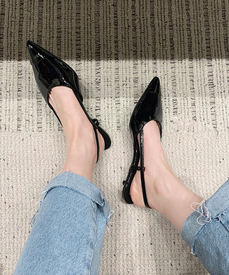 Kitten Sandals Black Cowhide Leather Hollow Out Pointed Toe