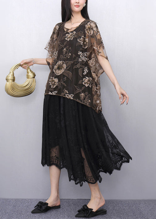 Print Chiffon Tops and Tulle Dress Two Pieces Set Summer