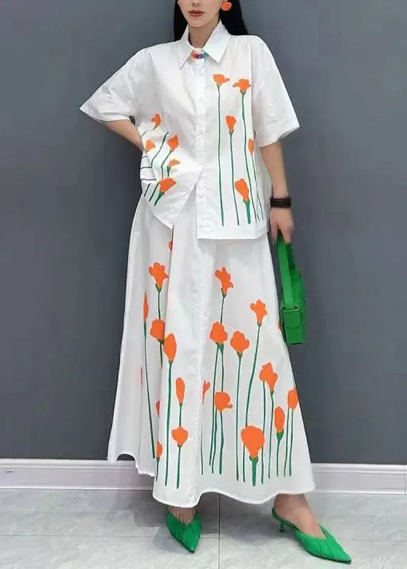 Brief White Peter Pan Collar Button Shirt and Skirts Two Piece Set Short Sleeve