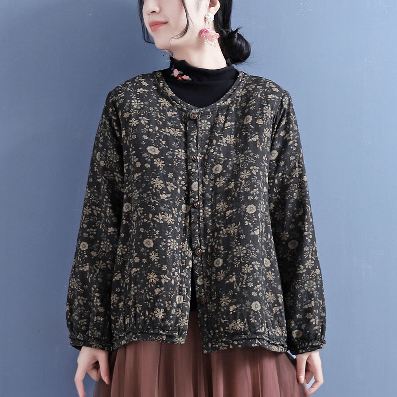 Cotton Linen Winter Retro Printed Coat