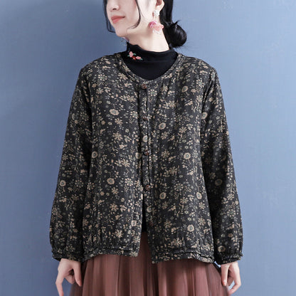 Cotton Linen Winter Retro Printed Coat