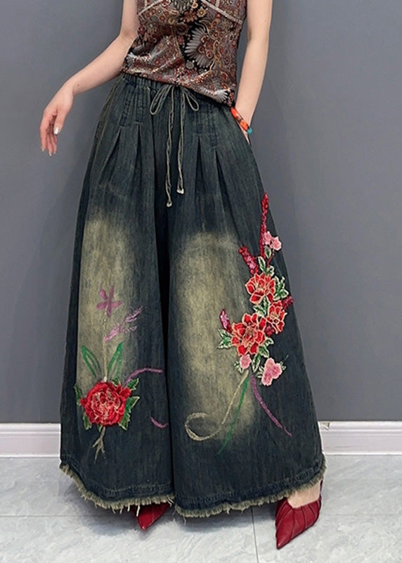 Navy Embroidered Tie Waist Elastic Waist Pockets Wide Leg Pants Summer