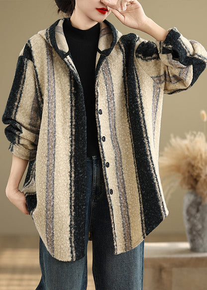 Striped Woolen Hoodie Coat Spring