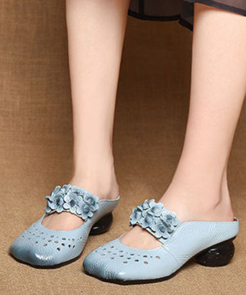 Retro Blue Cowhide Leather Splicing Slide Sandals