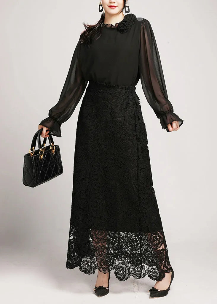 Black Lace Shirts and Maxi Skirts Two Pieces Set V Neck Long Sleeve