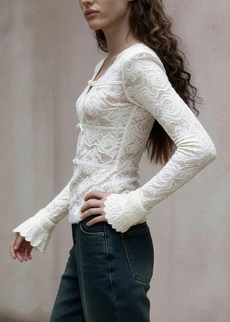 Slim Fit White V Neck Bow Lace T Shirt Spring
