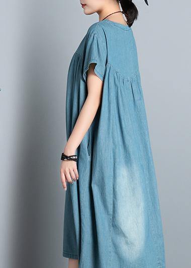 Diy O Neck Pockets Cotton Short Sleeve Denim Blue Dress Summer