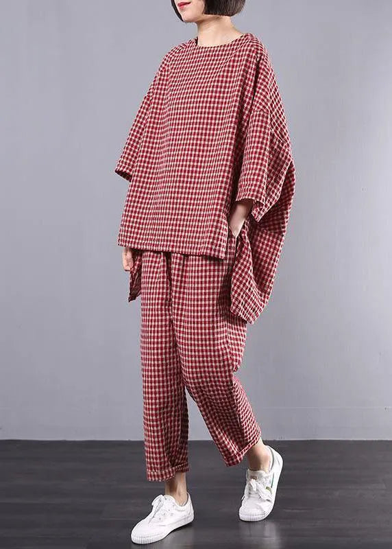 Cotton Linen Red Plaid Blouse and Pants Two Pieces Set(limited Stock)