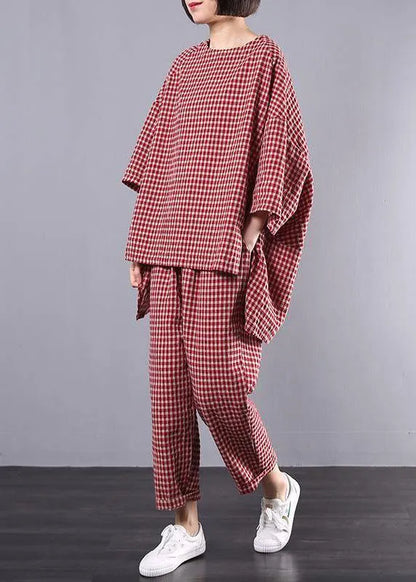 Cotton Linen Red Plaid Blouse and Pants Two Pieces Set(limited Stock)
