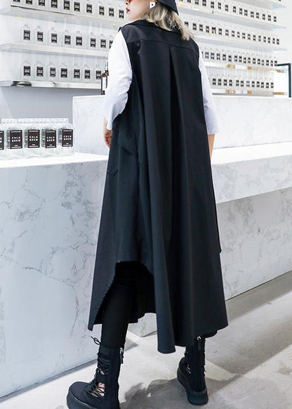 Handmade Sleeveless Asymmetric Cotton Tunics Shape Black Lapel Cotton Dress