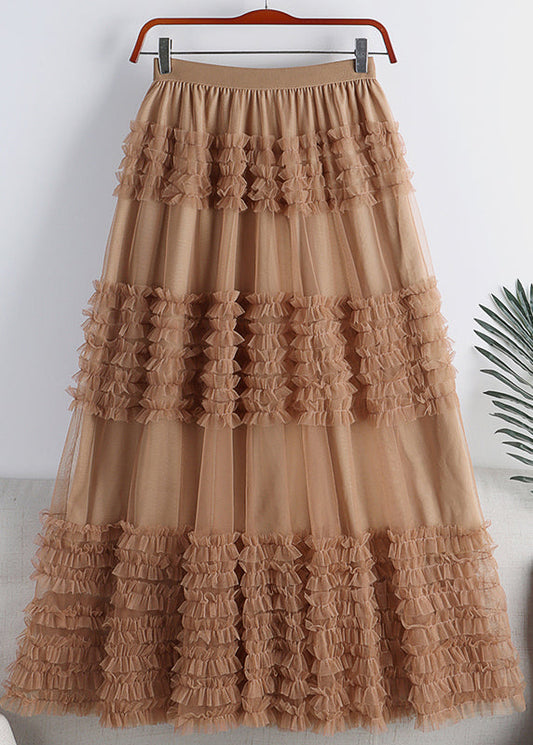 Ruffled Patchwork Elastic Waist Tulle a Line Skirt Spring