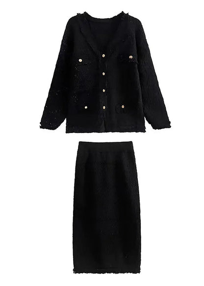Black V Neck Knit Cardigans and Skirts Two Piece Set Winter