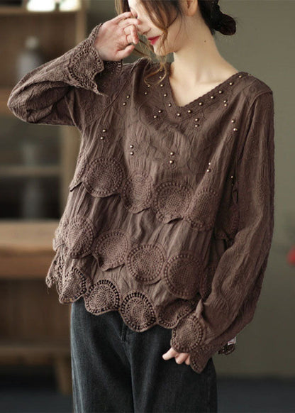 Coffee Embroideried Hollow Out Fall Long Sleeve Shirt Tops