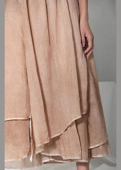 Simple Khaki Elastic Waist Asymmetrical Design Skirt Cotton Linen