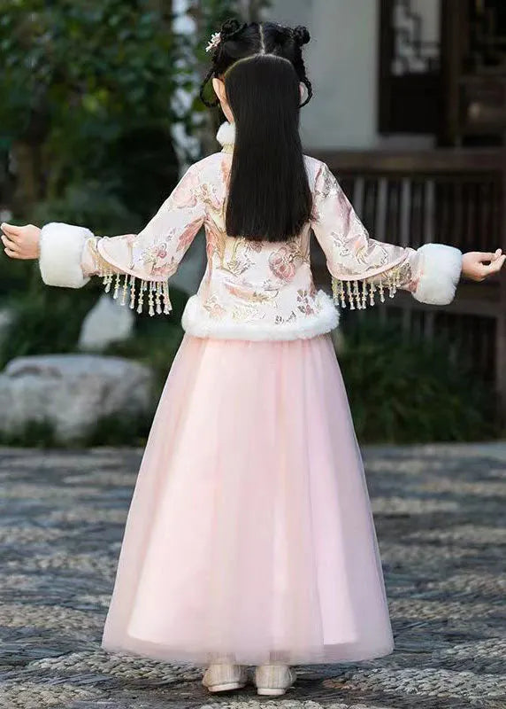 Stylish Champagne Fur Collar Embroideried Tassel Warm Fleece Coats and Tulle Skirts Two Pieces Set Winter