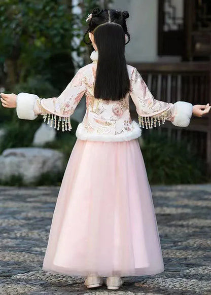 Stylish Champagne Fur Collar Embroideried Tassel Warm Fleece Coats and Tulle Skirts Two Pieces Set Winter