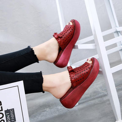 Leather Hollow Out Wedge Slippers
