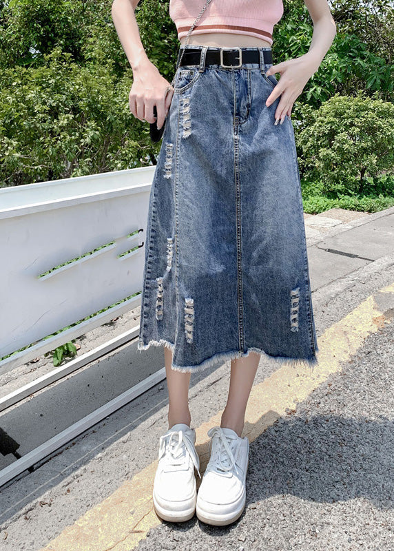 Modern Light Blue Patchwork Ripped a Line Denim Skirt