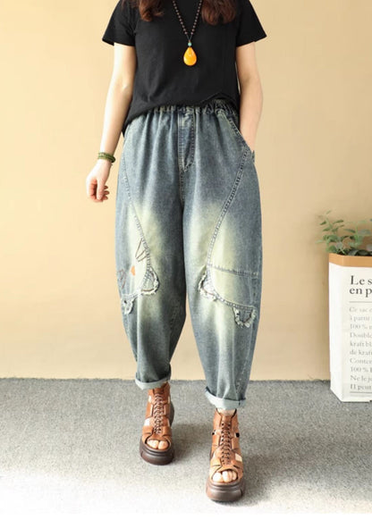 Blue Cartoon Embroidered Denim Pants Summer