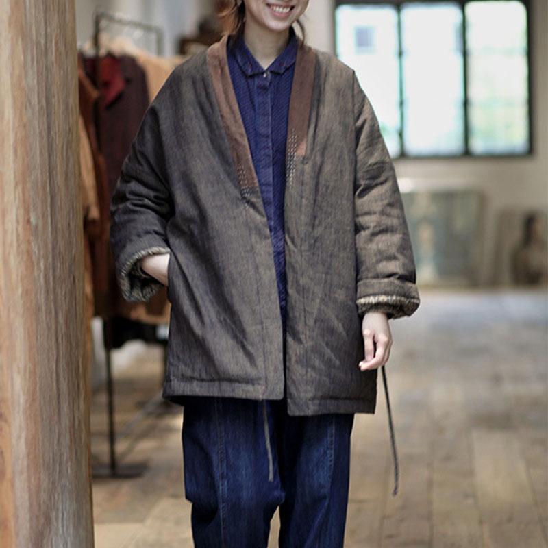 Autumn Winter Linen Retro Patchwork Lacing Coat