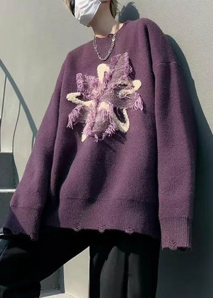 Loose Purple Tasseled Hole Knit Sweater Winter