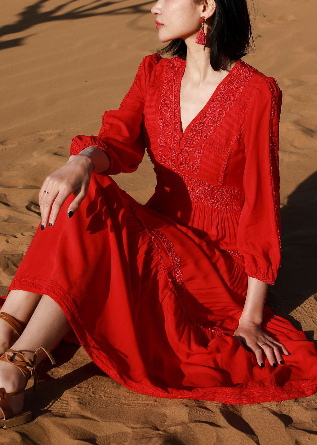 Red V Neck Embroidered Cotton Long Dresses Bracelet Sleeve