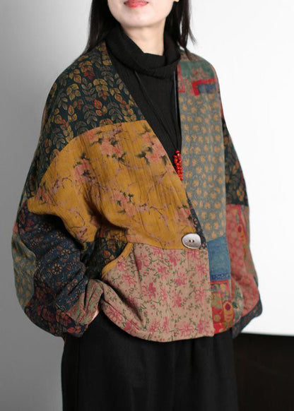 Colorblock V Neck Patchwork Print Fine Cotton Filled Coats Batwing Sleeve