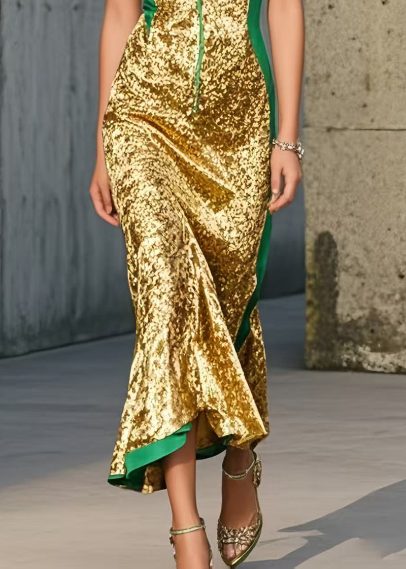 Silm Fit Golden Deep-v Neck Wraped Halter Sundress