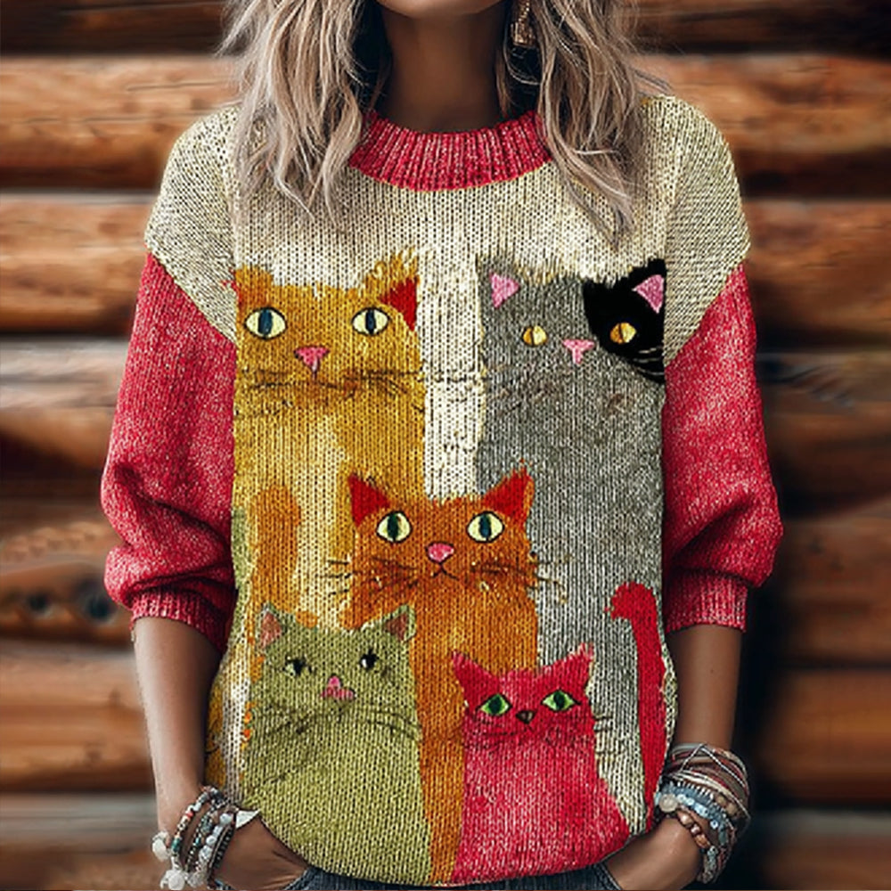 Comstylish Women's Funny Cat Embroidery Round Neck Sweater