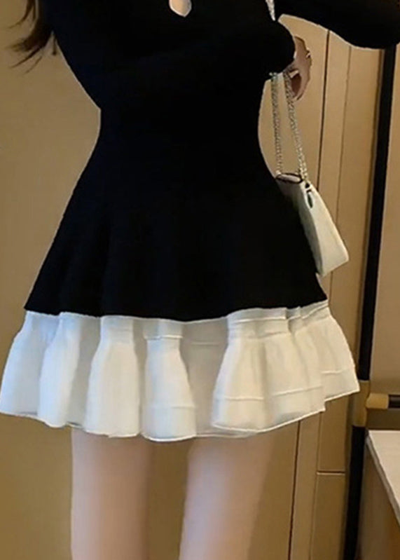 French Black O-neck Patchwork Vacation Mid Dress Fall