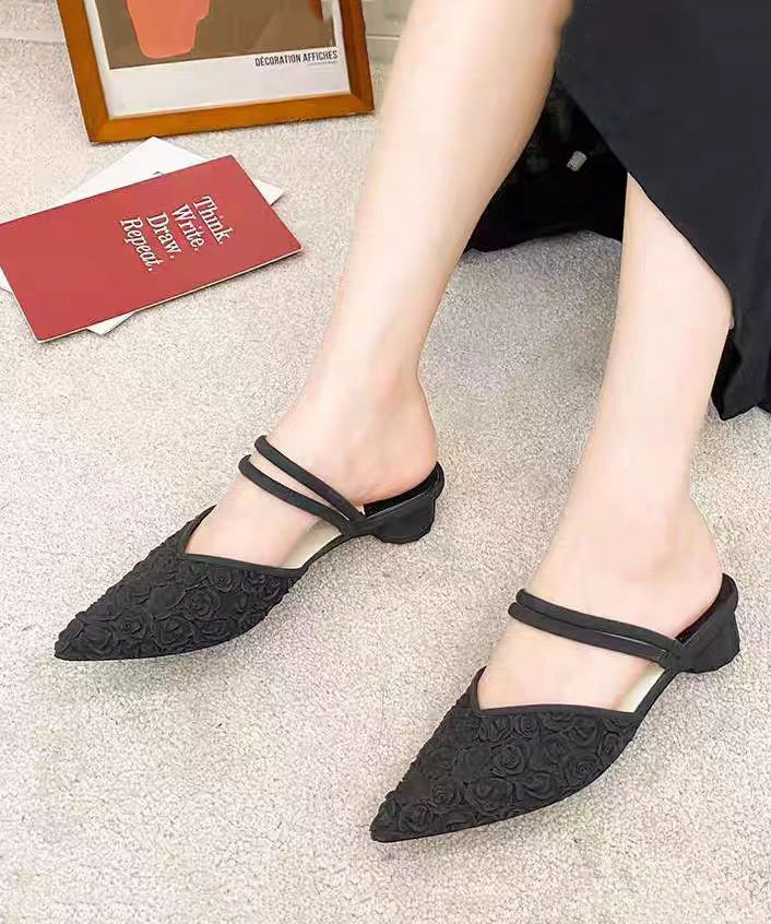 Stylish Black Pointed Toe Chunky Slide Sandals