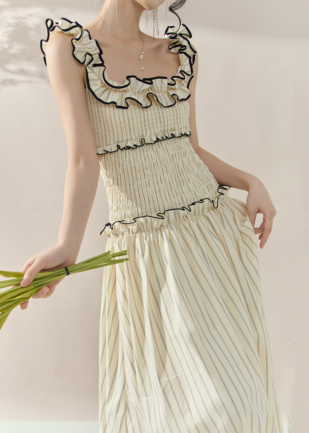 Apricot Ruffled Patchwork Slim Long Dress Sleeveless