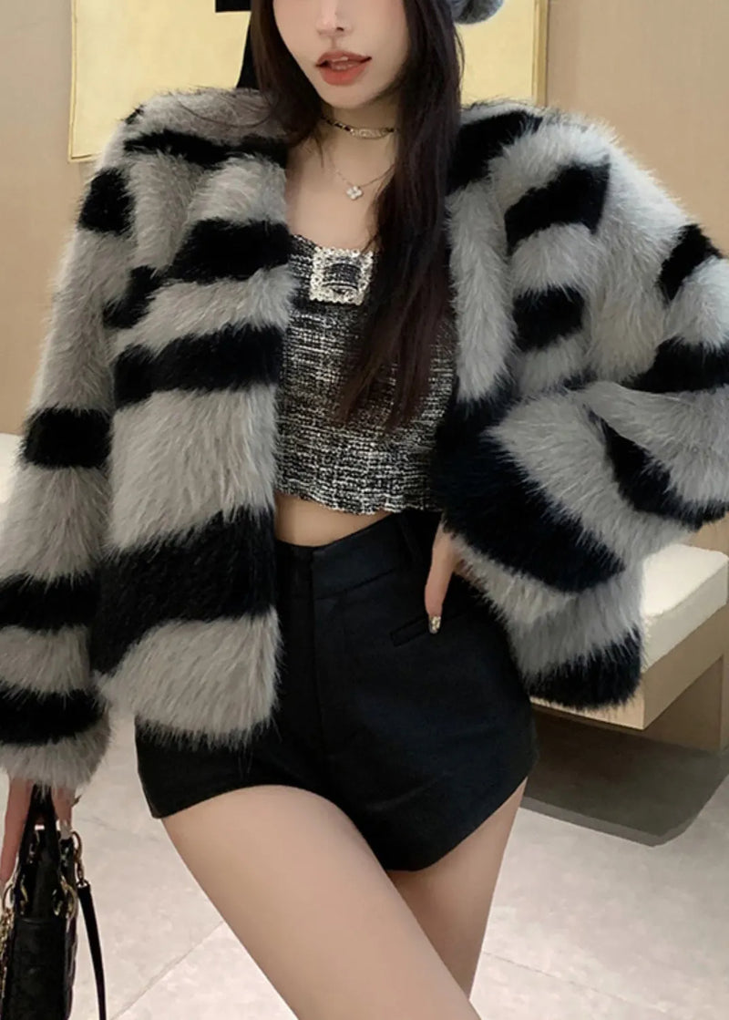 Grey V Neck Striped Fuzzy Fur Fluffy Coat Winter