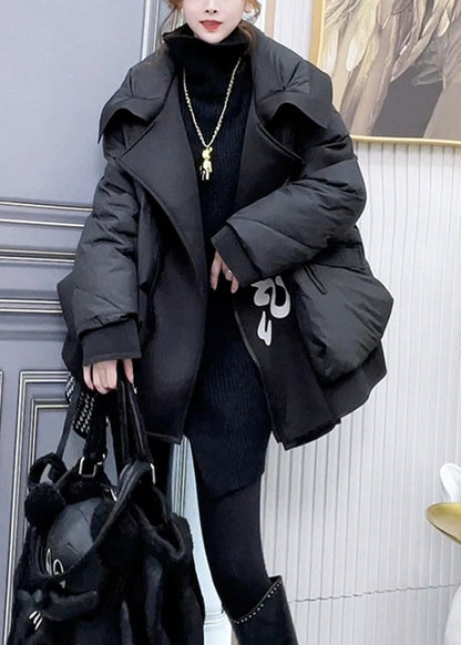 Black Zip Up Pockets Patchwork Duck Down Coats Winter