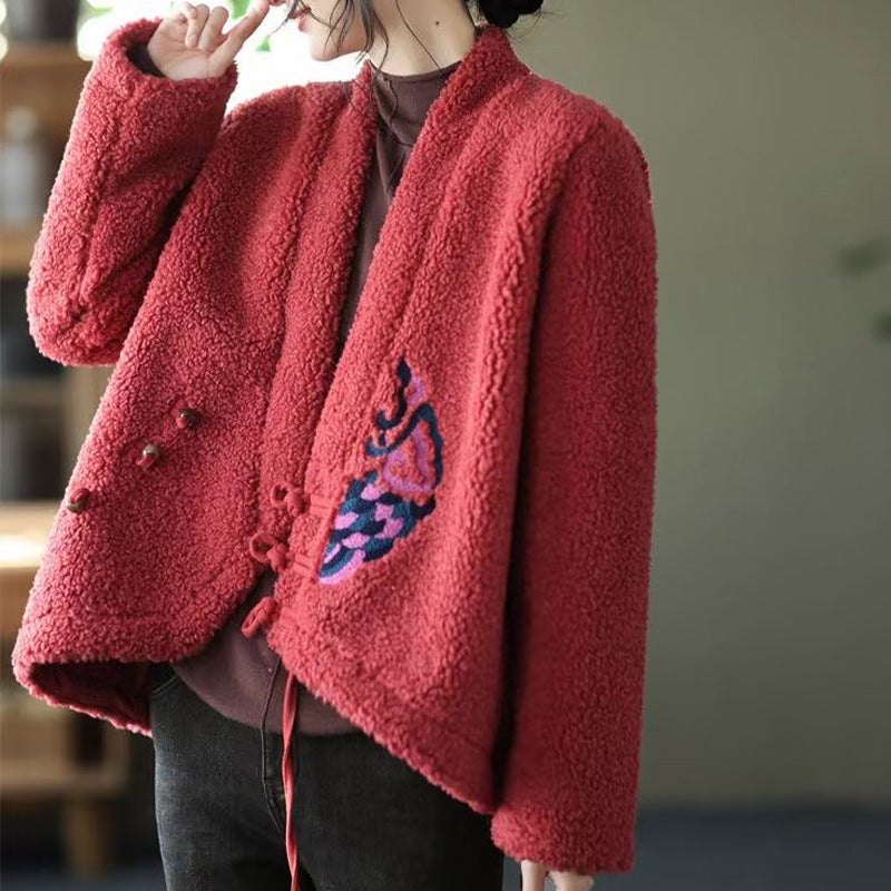 Embroidered V-neck Sherpa Wool Jacket