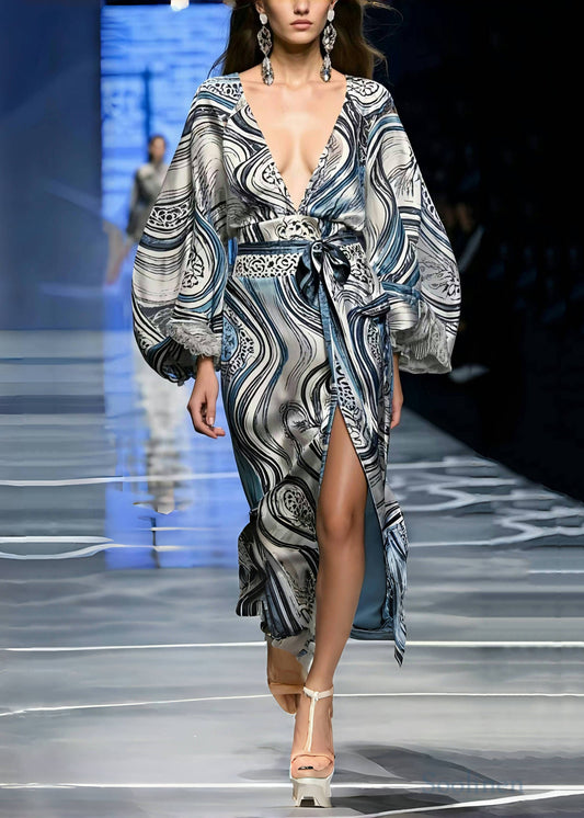 Print Side Open Silk Tunic Dress Lantern Sleeve