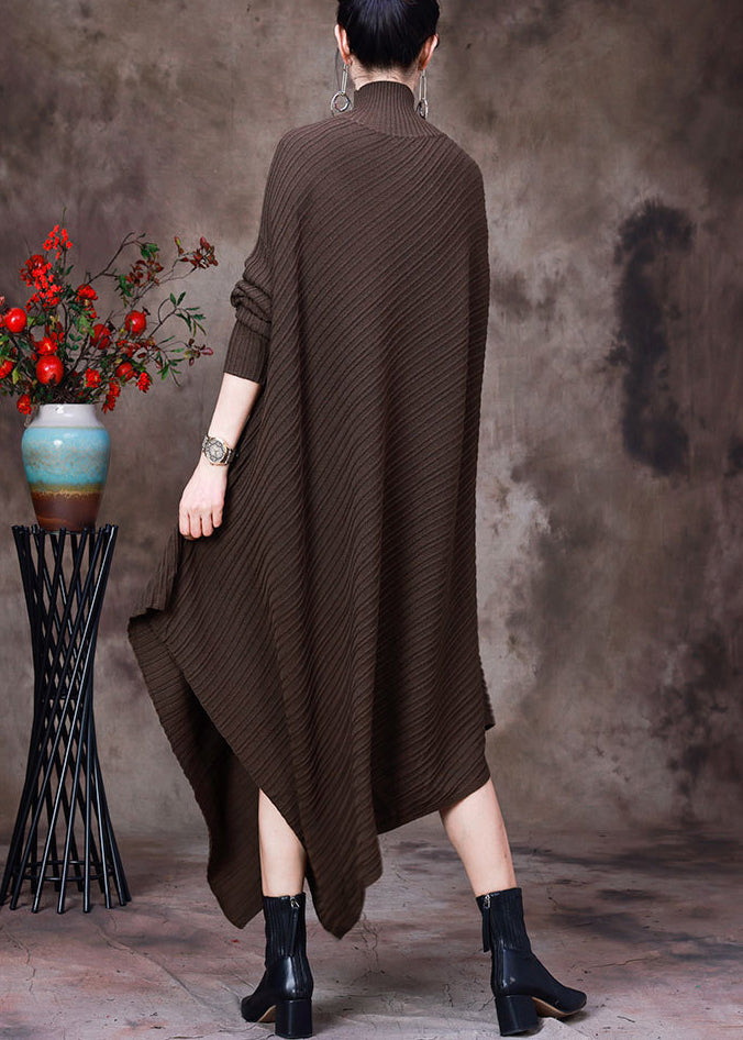 Loose Coffee Turtleneck Asymmetrical Knit Dresses Long Sleeve