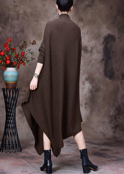 Loose Coffee Turtleneck Asymmetrical Knit Dresses Long Sleeve