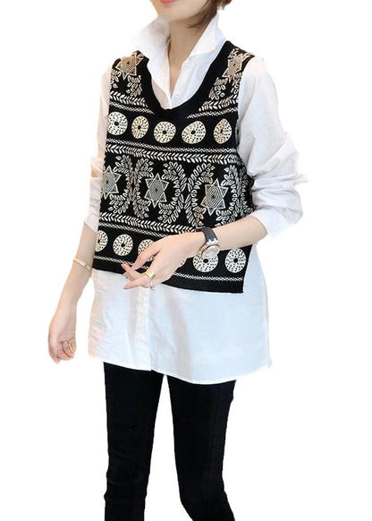 Black Knit Vest and White Shirts Two Pieces Set Fall