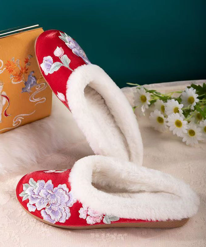 Handmade Fuzzy Wool Lined Slippers Shoes Black Satin Embroidery