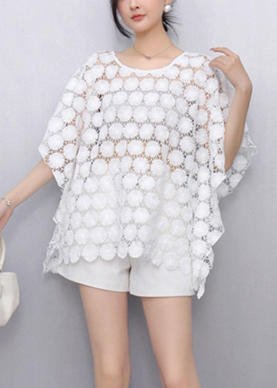 White O-neck Hollow Out Lace T Shirt Summer