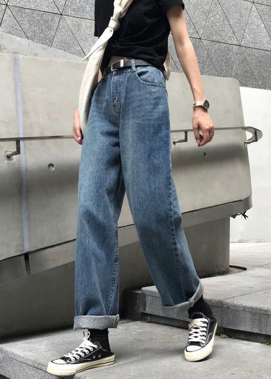 Winter Denim Blue Pants High Waist Wide Leg Trousers