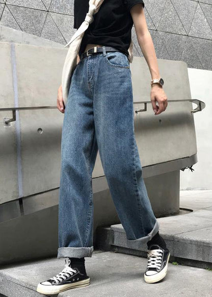 Winter Denim Blue Pants High Waist Wide Leg Trousers
