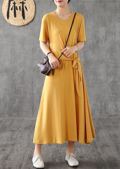 O Neck Bow Cotton Dress Yellow Traveling Dresses Summer
