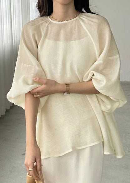 Beige Oversized Chiffon Sheer Top Batwing Sleeve