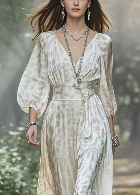 White V Neck Draping Silk Holiday Dress Lantern Sleeve