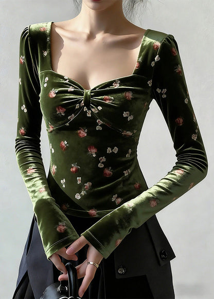 Slim Fit Green Square Collar Print Silk Velour T Shirt Spring