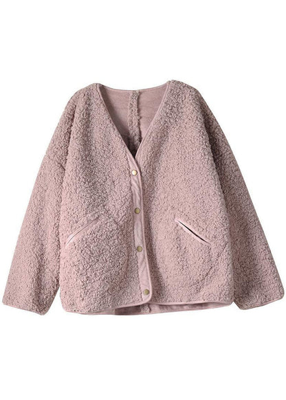 Pink Pockets Button Fall Winter Thick Coats Faux Fur