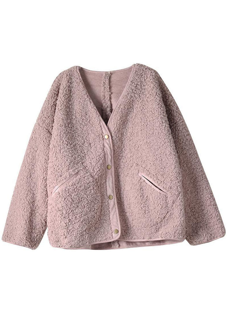 Pink Pockets Button Fall Winter Thick Coats Faux Fur